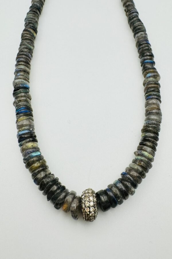 SMOOTH LABRADORITE HEISHI WITH DIAMOND DONUT NECKLACE 